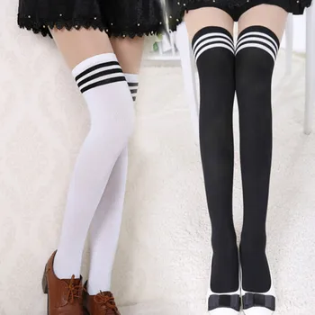 Женские носки выше колена для девочек В академическом стиле, длинные носки выше колена в черно-белую полоску, чулки для дам и девочек