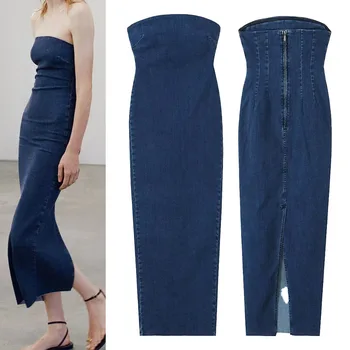 Новая женская одежда 2023, модный темперамент, повседневный топ-труба с одним вырезом, приталенное джинсовое платье с необработанным краем и разрезом по краю
