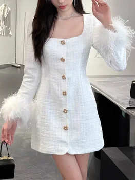 Женское мини-платье 2024, новый дизайн с кисточками и пером, квадратный воротник, Однобортный Приталенный винтажный халат трапециевидной формы с длинным рукавом