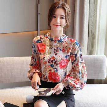 Модные женские блузки в китайском стиле, винтажные рубашки с цветочным рисунком 2021, Весенне-осенняя блузка, Топы с длинными рукавами-фонариками, Blusas Mujer V2312