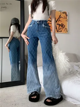 Женские джинсы с высокой талией 2023, новые модные градиентные женские джинсы, шикарная уличная одежда, прямые брюки Y2k полной длины с заусенцами