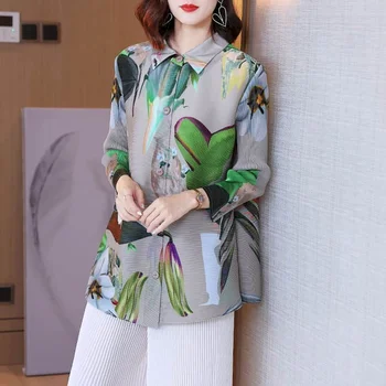 Рубашки женские Винтажный дизайн в складку, длинный рукав-поло с принтом, Корейский модный Однобортный кардиган свободного кроя, Женские топы