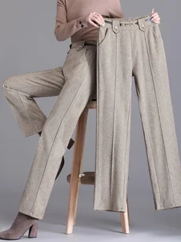 Шерстяные брюки для женщин, осенне-зимние прямые брюки с высокой талией, эластичный пояс, свободные широкие штанины LJ310