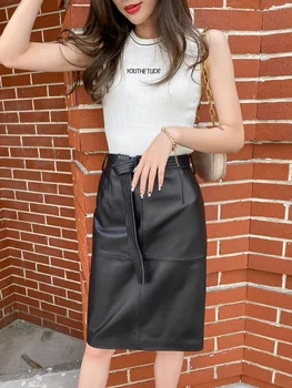 Юбки из натуральной кожи для женщин 2024 Новая Корейская модная юбка миди с высокой талией и поясом, юбка-карандаш для офисных леди