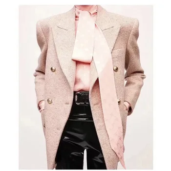 Одежда Женская Модная Двубортная Саржевая шерстяная куртка, классический 2-х цветный блейзер с длинным рукавом и лацканами, осень-зима, Офисная леди
