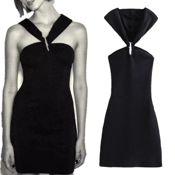 Увядшее французское ретро-женское черное вечернее платье 2023, сексуальное облегающее мини-платье на бретелях, женское