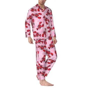 Пижамы Lobsters, весенний красно-розовый повседневный пижамный комплект оверсайз, мужской теплый домашний костюм с длинными рукавами для отдыха на заказ