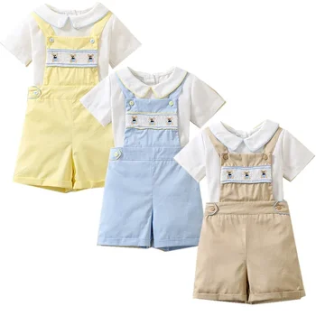 Испанская одежда для маленьких мальчиков Детская рубашка и подтяжки Брюки Комплекты из двух предметов Детский Летний Топ Шорты Комбинезон Комплекты одежды