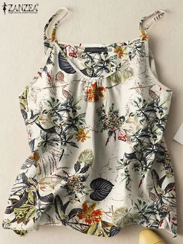 ZANZEA 2023 Летние топы с цветочным принтом, богемные женские майки на бретельках, винтажная блузка для пляжного отдыха, повседневная рубашка