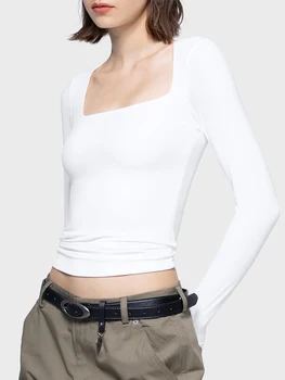 Женский топ с квадратным вырезом и длинным рукавом, однотонные базовые укороченные футболки Slim Fit, повседневные обтягивающие футболки, блузки, уличная одежда