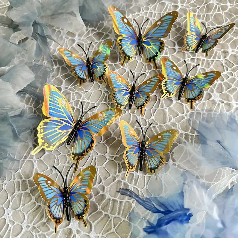 Бабочки Настенный Декор 3D Золотисто-Голубые Бабочки Настенные Украшения 12шт Съемные Бабочки DIY Art Decor Ремесла Для Вечеринки