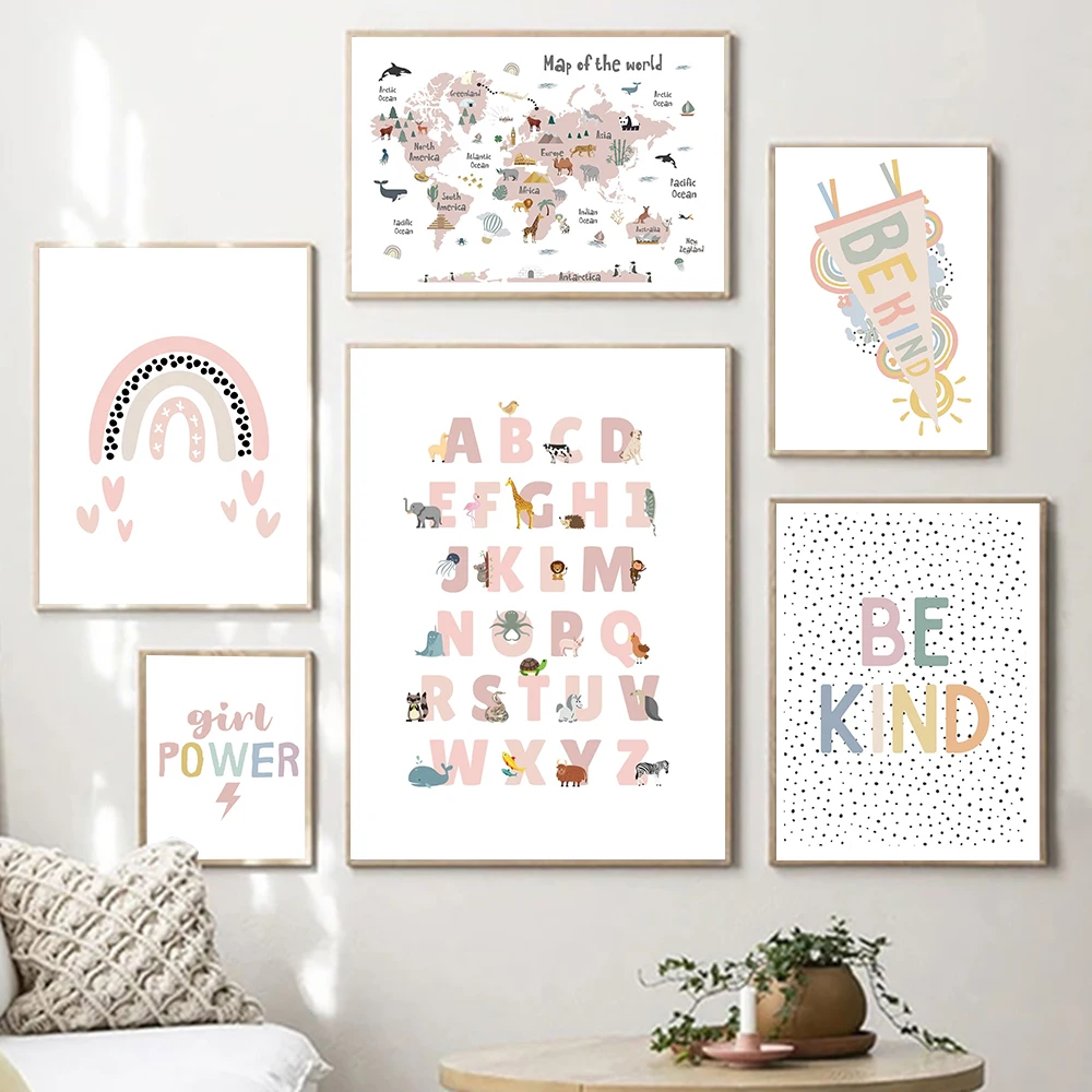 Розовая карта мира животных, плакаты и принты на скандинавскую тему, детская комната, Радужная цитата, холст, настенные панно для детской комнаты, домашний декор