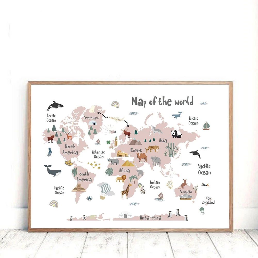 Розовая карта мира животных, плакаты и принты на скандинавскую тему, детская комната, Радужная цитата, холст, настенные панно для детской комнаты, домашний декор