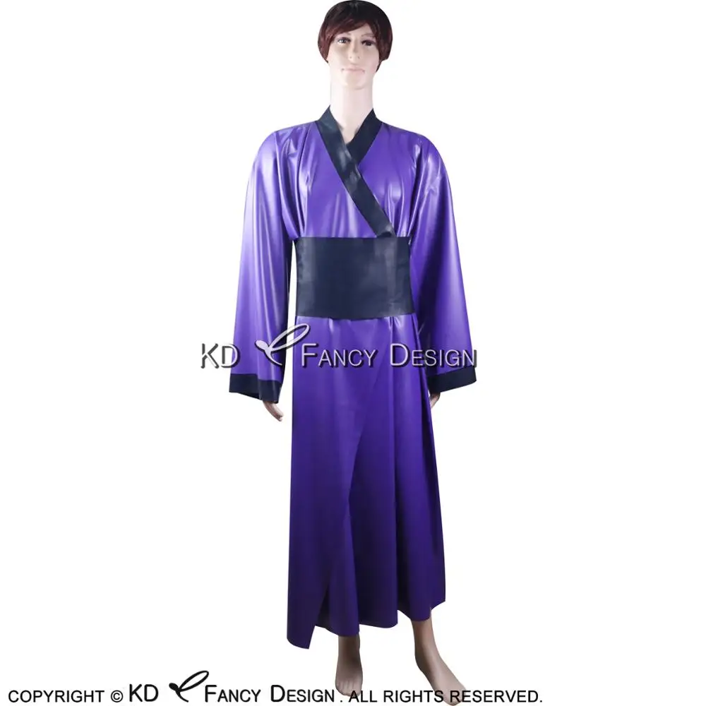Фиолетовое и черное Японское сексуальное Кимоно из латекса с поясами Obi, халат, Резиновый халат, Пижама YF-0014