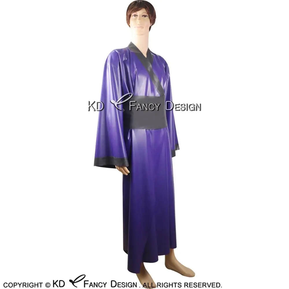 Фиолетовое и черное Японское сексуальное Кимоно из латекса с поясами Obi, халат, Резиновый халат, Пижама YF-0014