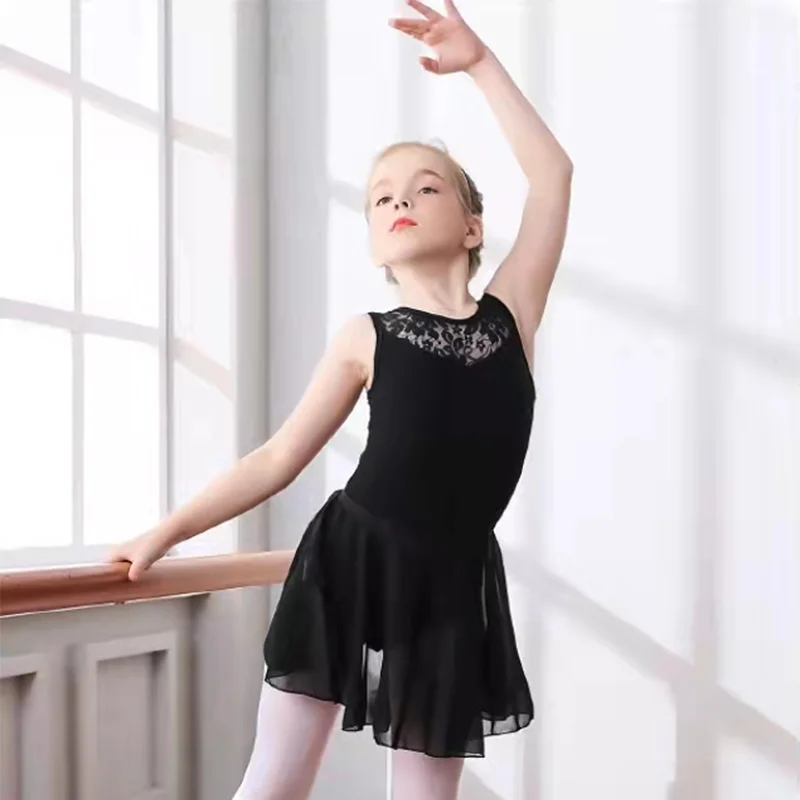 Детское Бело-черное Балетное танцевальное трико без рукавов, Кружевной гимнастический танцевальный комбинезон для девочек, купальник 