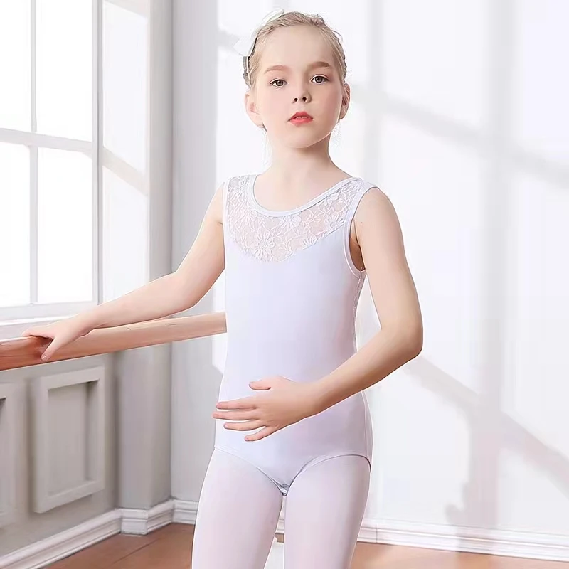 Детское Бело-черное Балетное танцевальное трико без рукавов, Кружевной гимнастический танцевальный комбинезон для девочек, купальник 