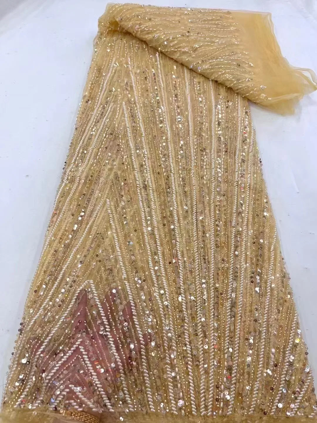 Розовая роскошная Африканская кружевная ткань ручной работы из бисера, высококачественная Французская сетчатая кружевная ткань 2023 года с блестками для свадебного платья