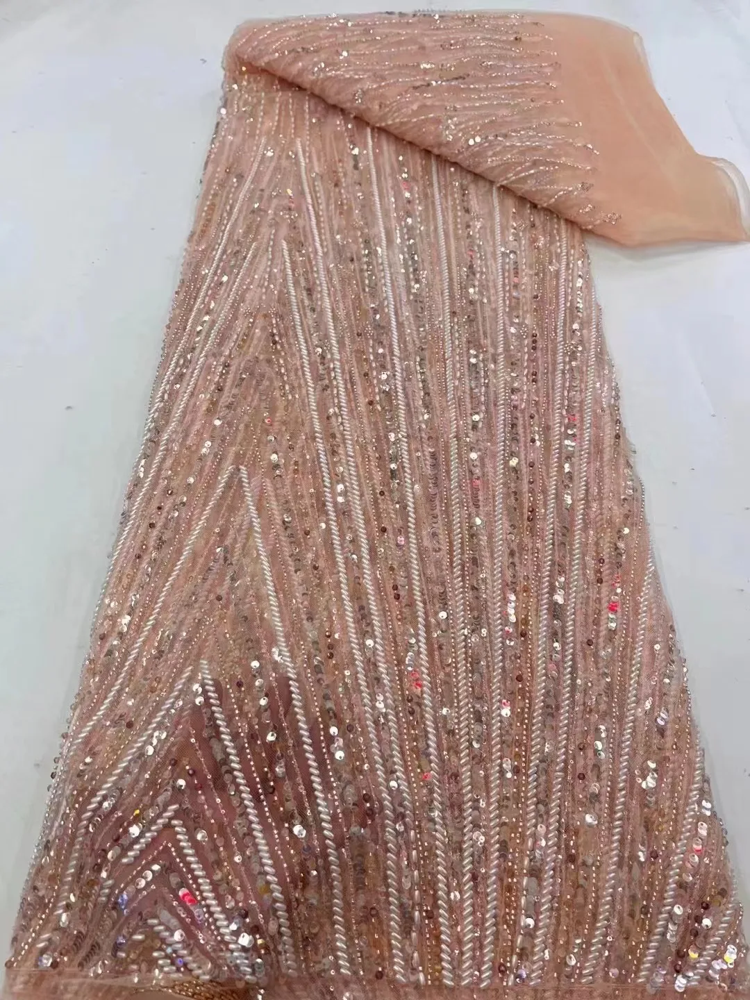 Розовая роскошная Африканская кружевная ткань ручной работы из бисера, высококачественная Французская сетчатая кружевная ткань 2023 года с блестками для свадебного платья