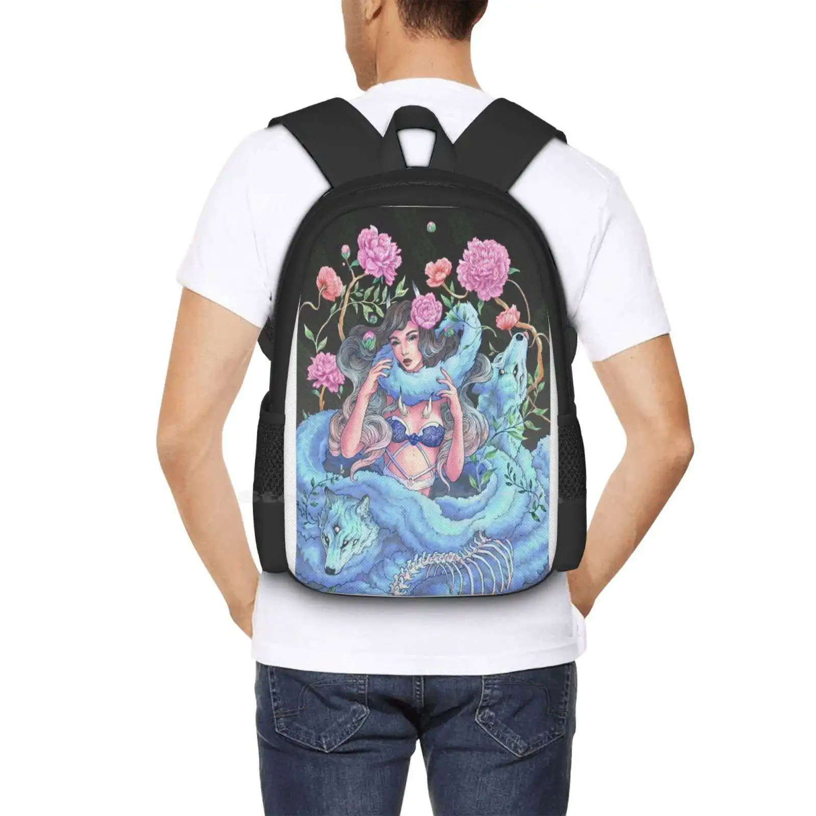 Рюкзак для школьника, ноутбук, дорожная сумка, Волчья стая, Змея, Колдовство, Природа, Цветок, Пионы, Маки, Мех