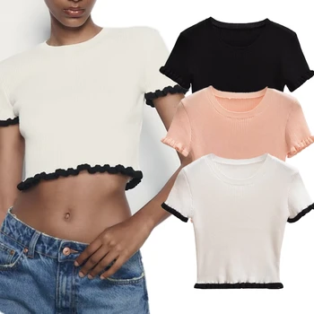 Модный блогер Elmsk Ins, сексуальный укороченный топ, летняя базовая трикотажная футболка в рубчик, женская одежда
