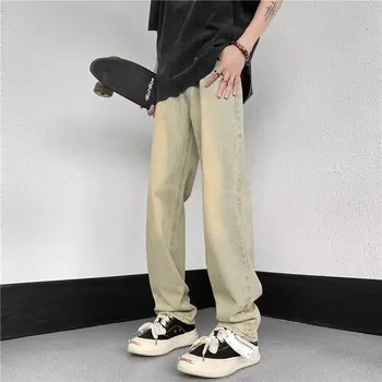 Мужские летние брюки в стиле хип-хоп, повседневные тонкие джинсы из денима, Тонкие Свободные Прямые брюки с эластичной высокой талией, Корейские повседневные брюки F21