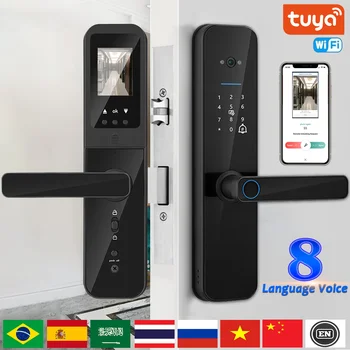 Цифровой электронный умный дверной замок Tuya Wifi с биометрической камерой, отпечатком пальца, смарт-картой, паролем, ключом для разблокировки