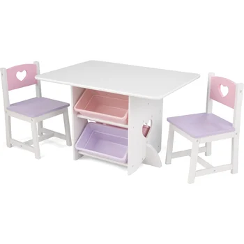 Набор деревянных столов и стульев в форме сердца с 4 ящиками для хранения, детская мебель – розовый, фиолетовый и белый, подарок для детей 3-8 лет