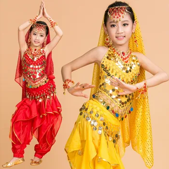 2021 детский танец живота, 6 шт. (топ + брюки + пояс + цепочка на голову + цепочка для рук + вуаль), индийская одежда, розовый / красный / желтый костюм для танца живота для девочек