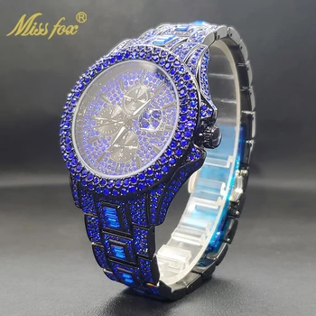 Синие часы Iced Out для мужчин, специальные модные роскошные кварцевые часы с бриллиантами для мужчин, хип-хоп, уличные часы в готическом стиле, прямая поставка