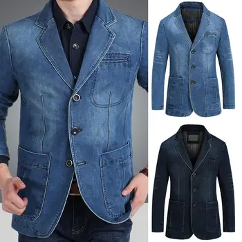 2023 Новый модный повседневный популярный джинсовый блейзер, крутая джинсовая куртка с лацканами, Однотонный джинсовый блейзер с карманами, Однобортный Пиджак