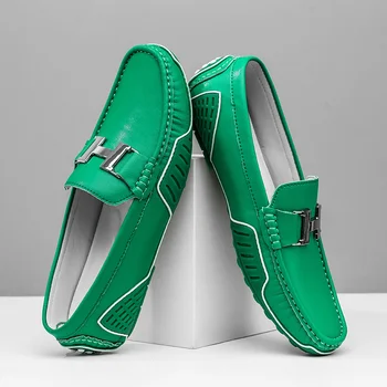 Роскошные Зеленые Туфли Для вождения Из натуральной кожи, Мужские Слипоны Высокого Качества, Мужская Повседневная Кожаная Обувь, Металлические Лоферы Для Мужчин, Размер 38-48