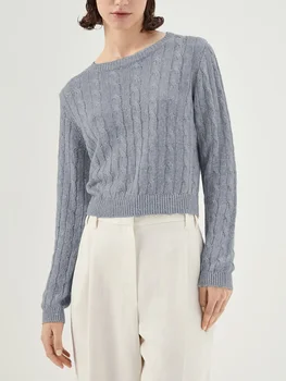 Свитер для женщин 2023 новой шерсти и смеси мохера с пайетками витой круглый-образным вырезом мода повседневная с длинным рукавом короткие пуловеры