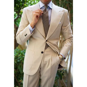 Бежевый мужской костюм, приталенный, из 2 предметов, модные однобортные наряды с отворотом, формальный Элегантный повседневный свадебный смокинг (блейзер + брюки)