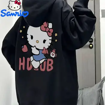 Аниме Sanrio Hello Kitty, женская толстовка из чистого хлопка с капюшоном, осенне-зимняя девчачья милая утолщенная свободная универсальная куртка