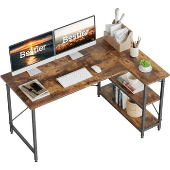 L-образный стол с полками для хранения 55-дюймовый угловой компьютерный стол Письменный рабочий стол для домашнего офиса
