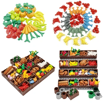 Еда С корзиной-витриной, строительные блоки Market MOC, Овощи, Морепродукты, фрукты, Твердые Пищевые кирпичи, игрушки, совместимые с LEGO