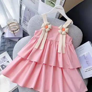 Платье для маленьких девочек, платья с цветочным принтом для малышей, детский розовый костюм, детская одежда принцессы без рукавов, сарафан на подтяжках