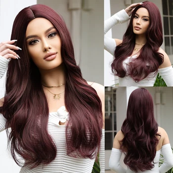 Длинные волнистые синтетические парики темно-винно-красного цвета, сексуальные для женских волос, парики для ежедневного использования, косплей, натуральные волнистые термостойкие волосы
