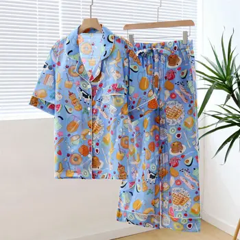Летняя хлопковая пижама, комплект женских брюк с милым принтом и короткими рукавами, нишевая домашняя одежда высокого класса, повседневная роскошная пижама