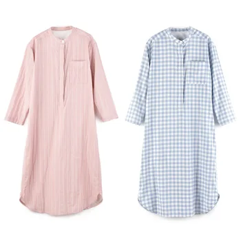 Пижамы с длинными рукавами, весенне-летние хлопковые женские пижамные комплекты со стоячим воротником, Длинное платье, домашняя одежда, Ночные рубашки, пижамы