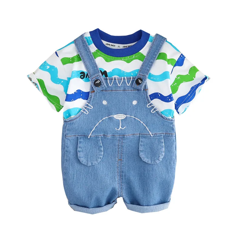 Летний комплект одежды для маленьких мальчиков 2023 года, футболки с короткими рукавами Ripple, джинсовый короткий комбинезон, комплект одежды для маленьких мальчиков