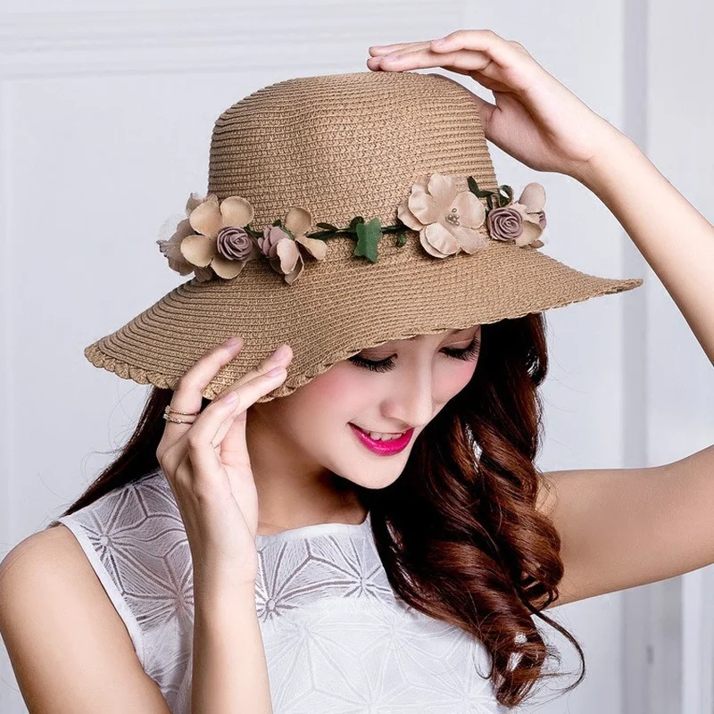 Летние элегантные женские шляпы, соломенная шляпа с цветочным кольцом, солнцезащитные шляпы, Соломенная пляжная шляпа, Женская шляпа с цветочной веревкой, Модные аксессуары