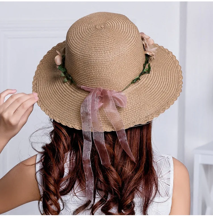 Летние элегантные женские шляпы, соломенная шляпа с цветочным кольцом, солнцезащитные шляпы, Соломенная пляжная шляпа, Женская шляпа с цветочной веревкой, Модные аксессуары
