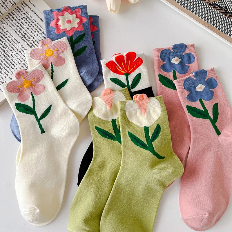 1 пара женских носков в Японско-Корейском стиле с мультяшным цветком карамельного цвета Harajuku Kawaii, носки средней длины, Дышащие повседневные Короткие носки